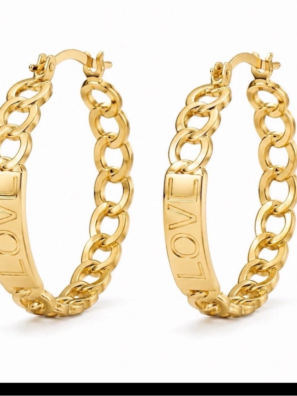 18K Gold Filled LOVE Curb Chain Hoop Earrings Statement